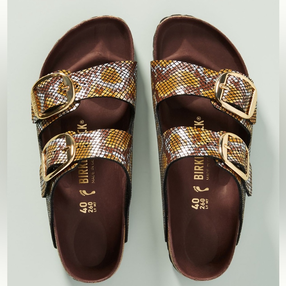 Snakeskin Birkenstock Arizona Sandals with Gold Buckles - Picture 5 of 6